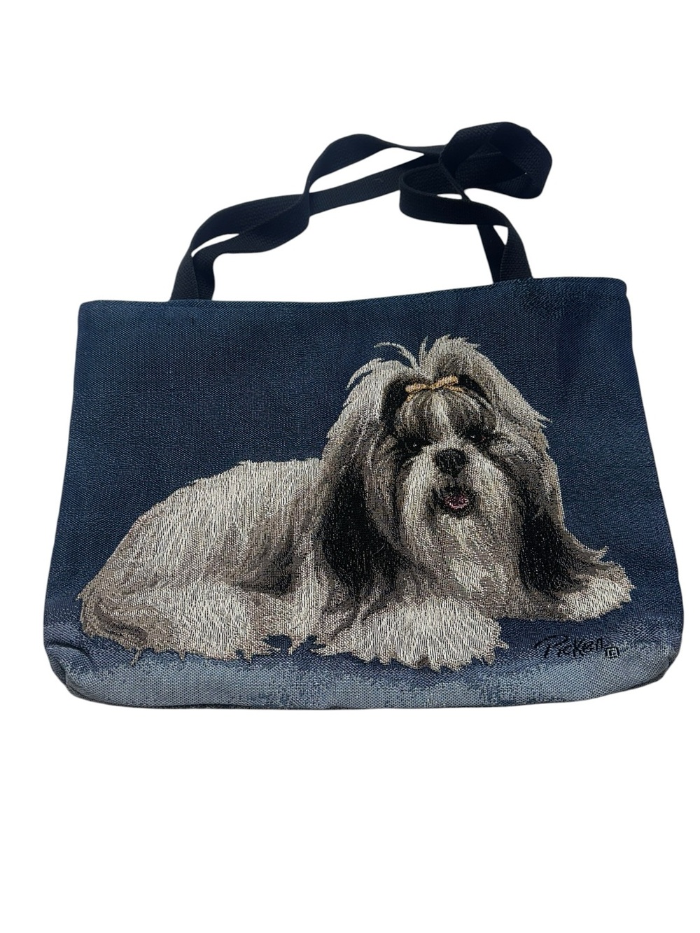 Linda Picken Shih Tzu Dog Tapestry Tote Bag Navy Woven Pet Lover Vintage